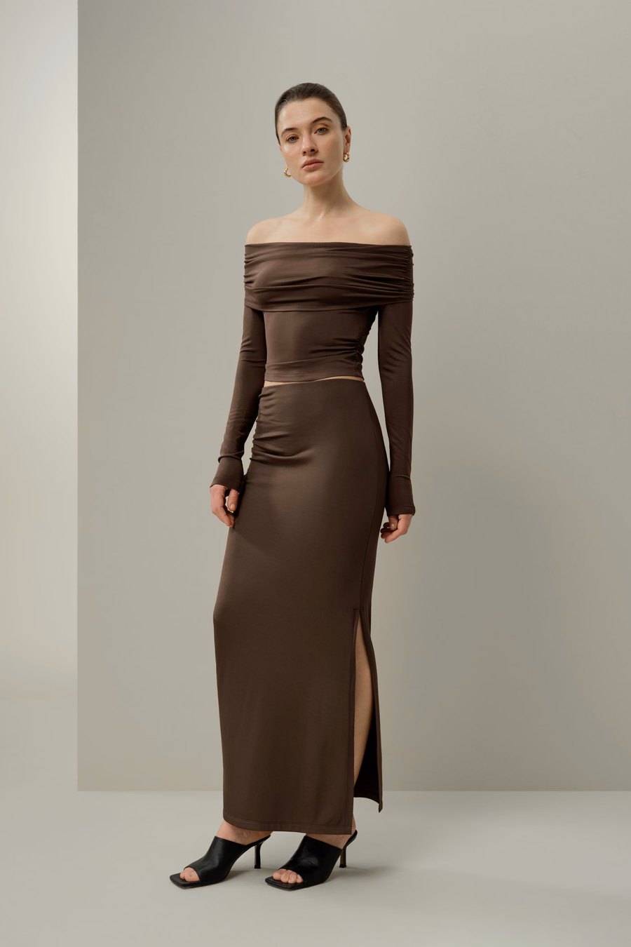 Silk Breeze Jersey Off-Shoulder Lange Mouwen Top