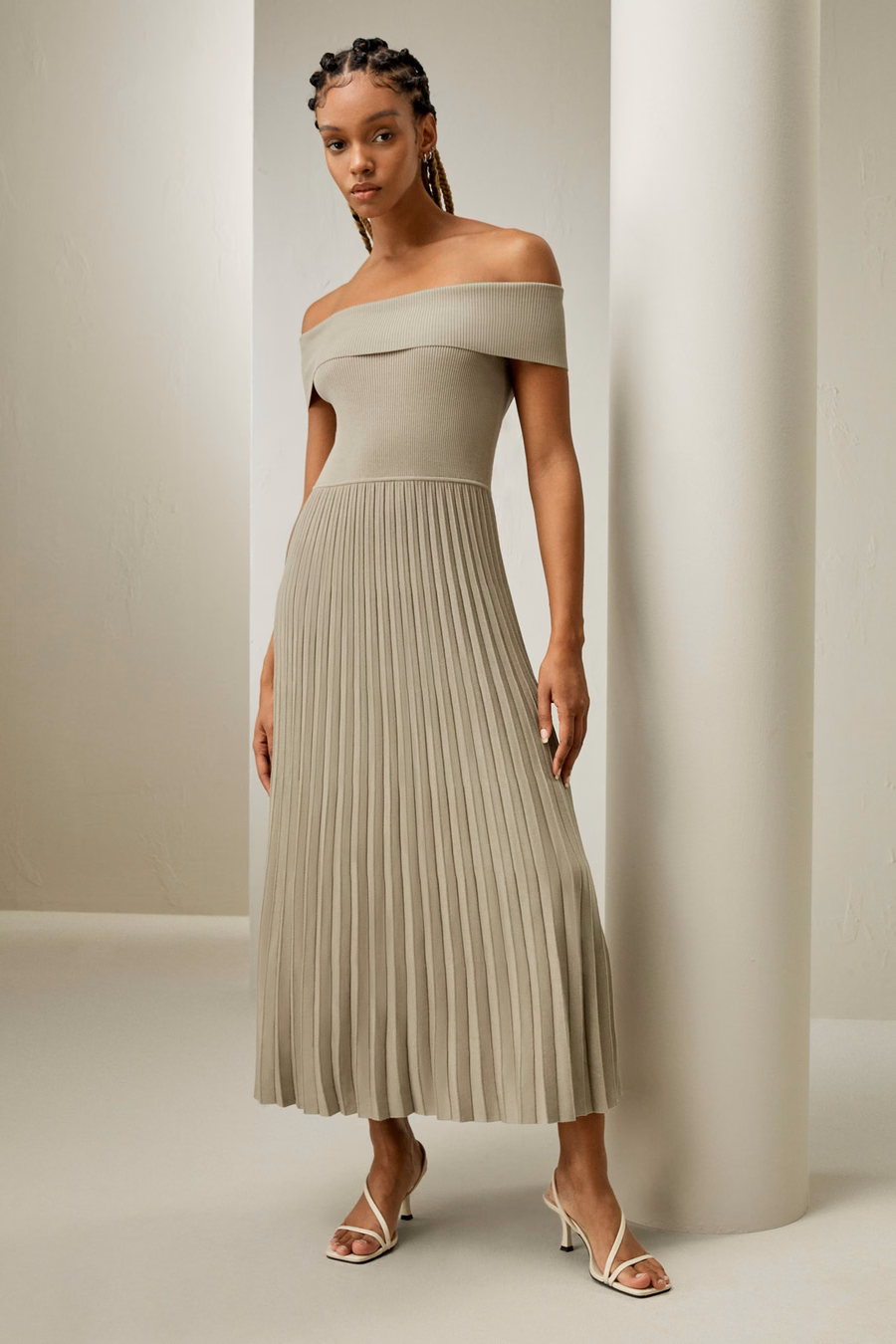 Off-Shoulder Hybride Geplooide Jurk