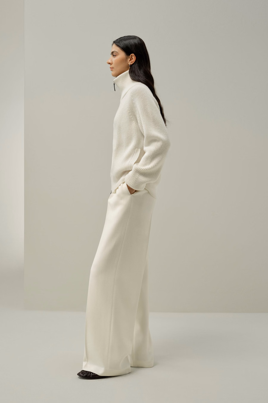 Geribbelde gebreide Turtleneck Rits Cardigan