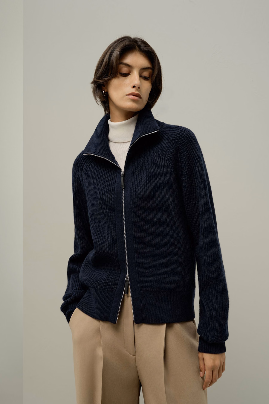 Geribbelde gebreide Turtleneck Rits Cardigan