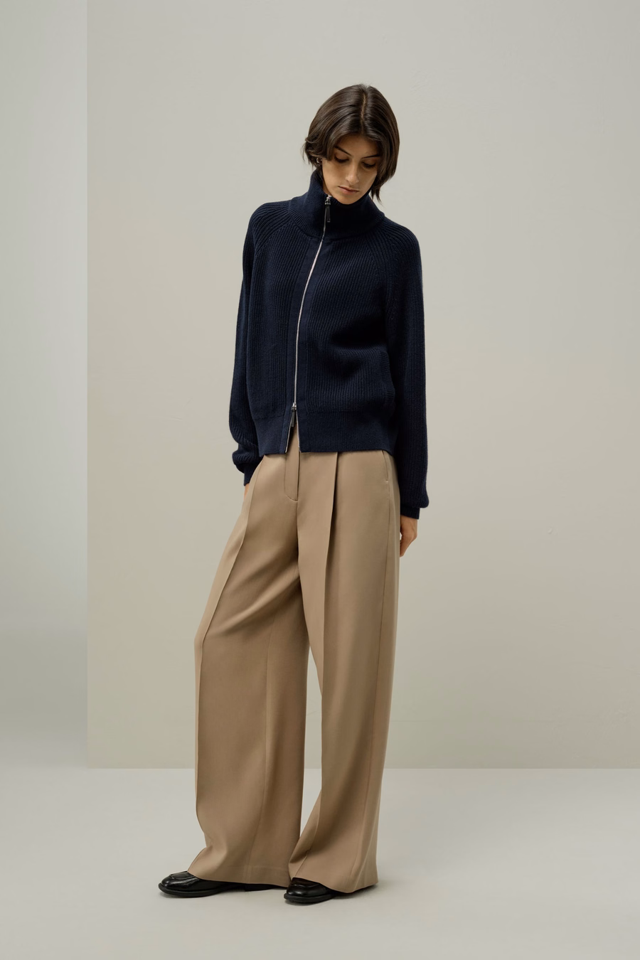 Geribbelde gebreide Turtleneck Rits Cardigan