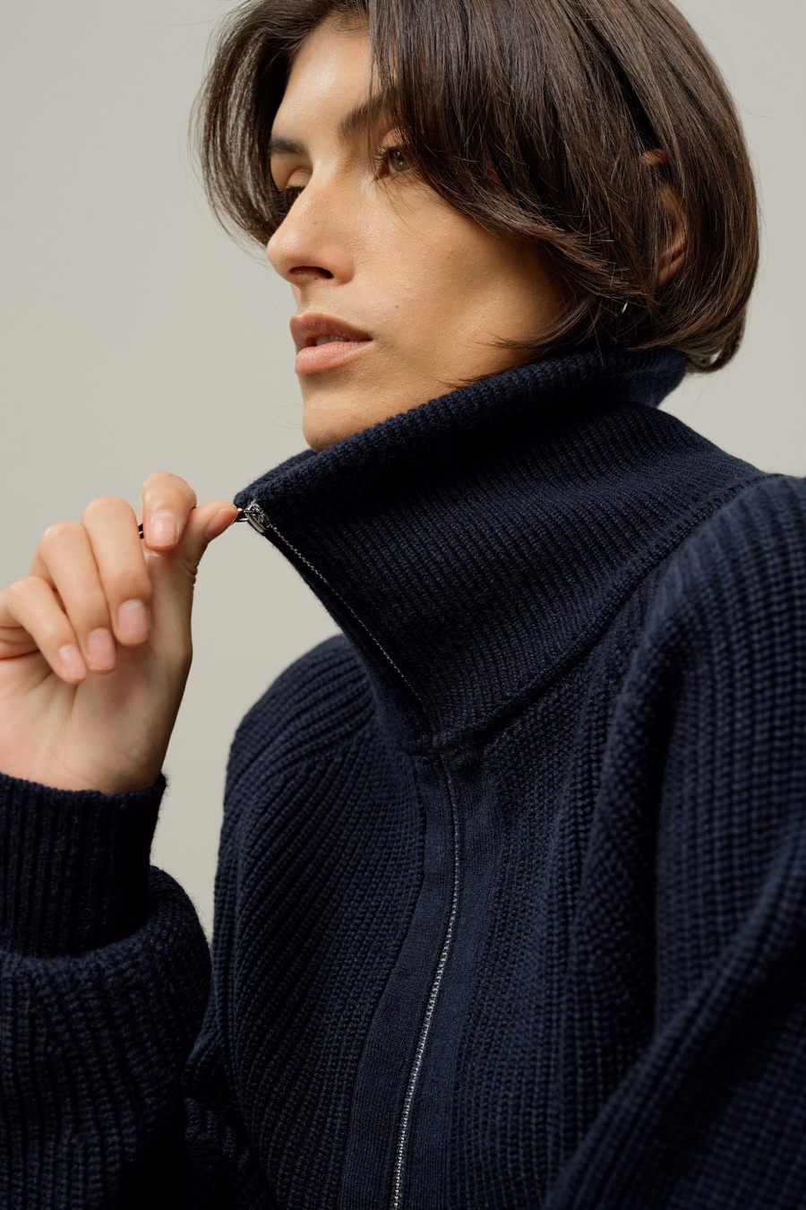 Geribbelde gebreide Turtleneck Rits Cardigan