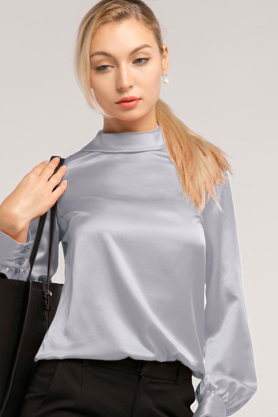 Stand Collar Long Sleeves Silk Blouse