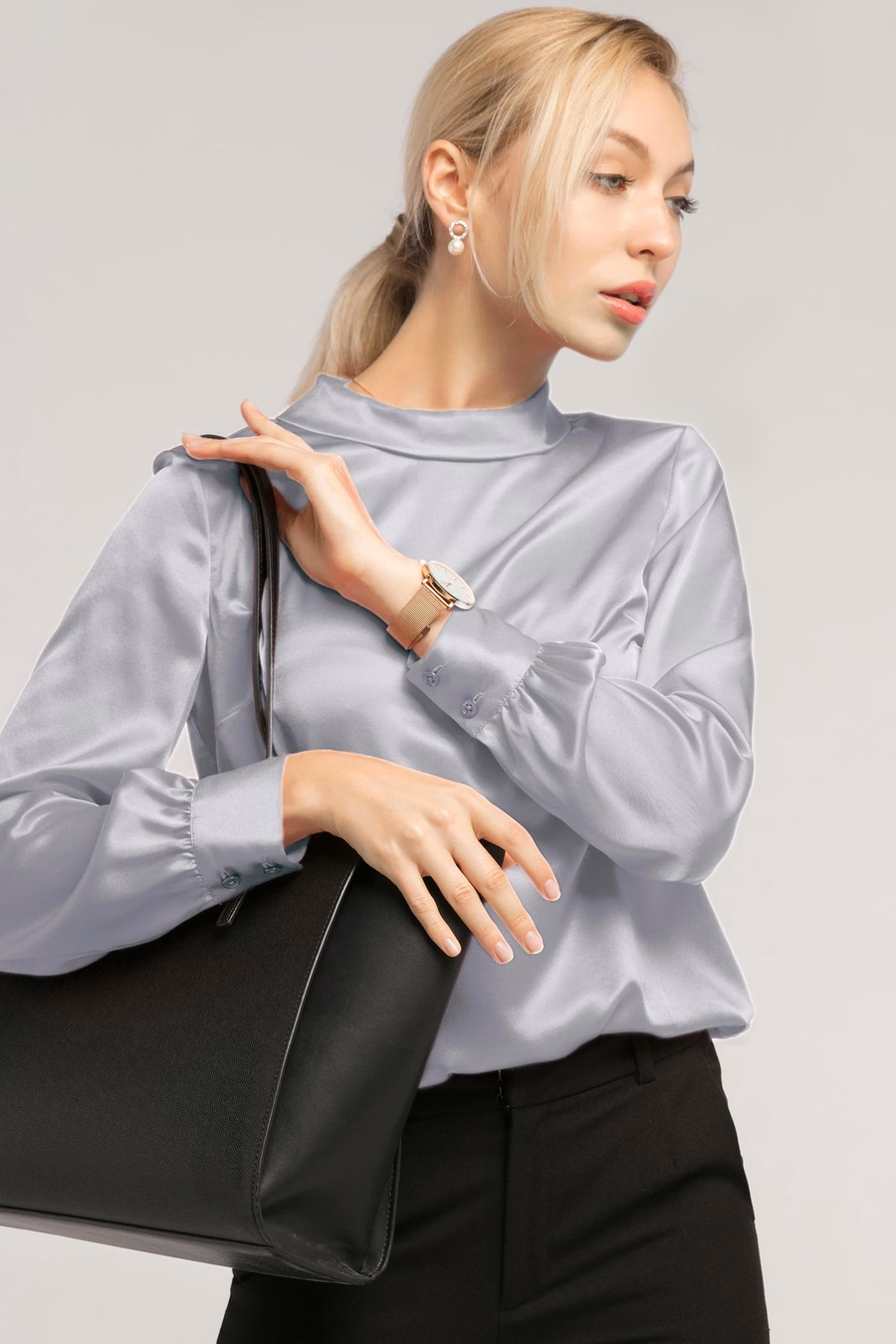 Stand Collar Long Sleeves Silk Blouse