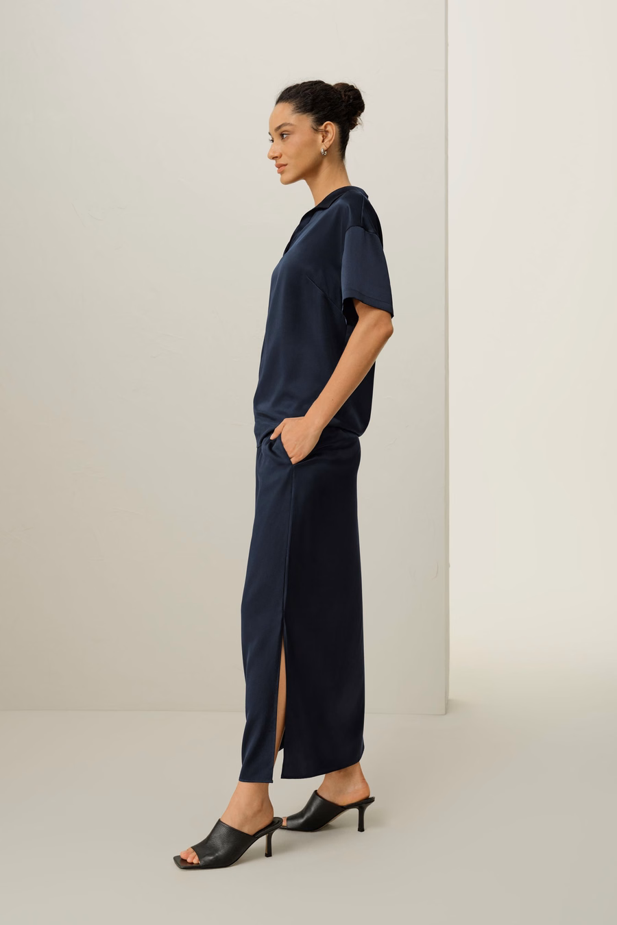 Wasbare zijde charmeuse polo top