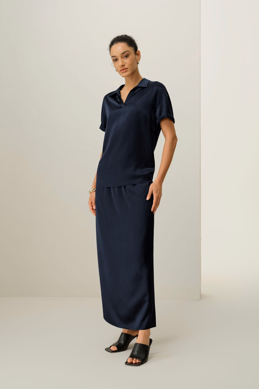 Wasbare zijde charmeuse polo top