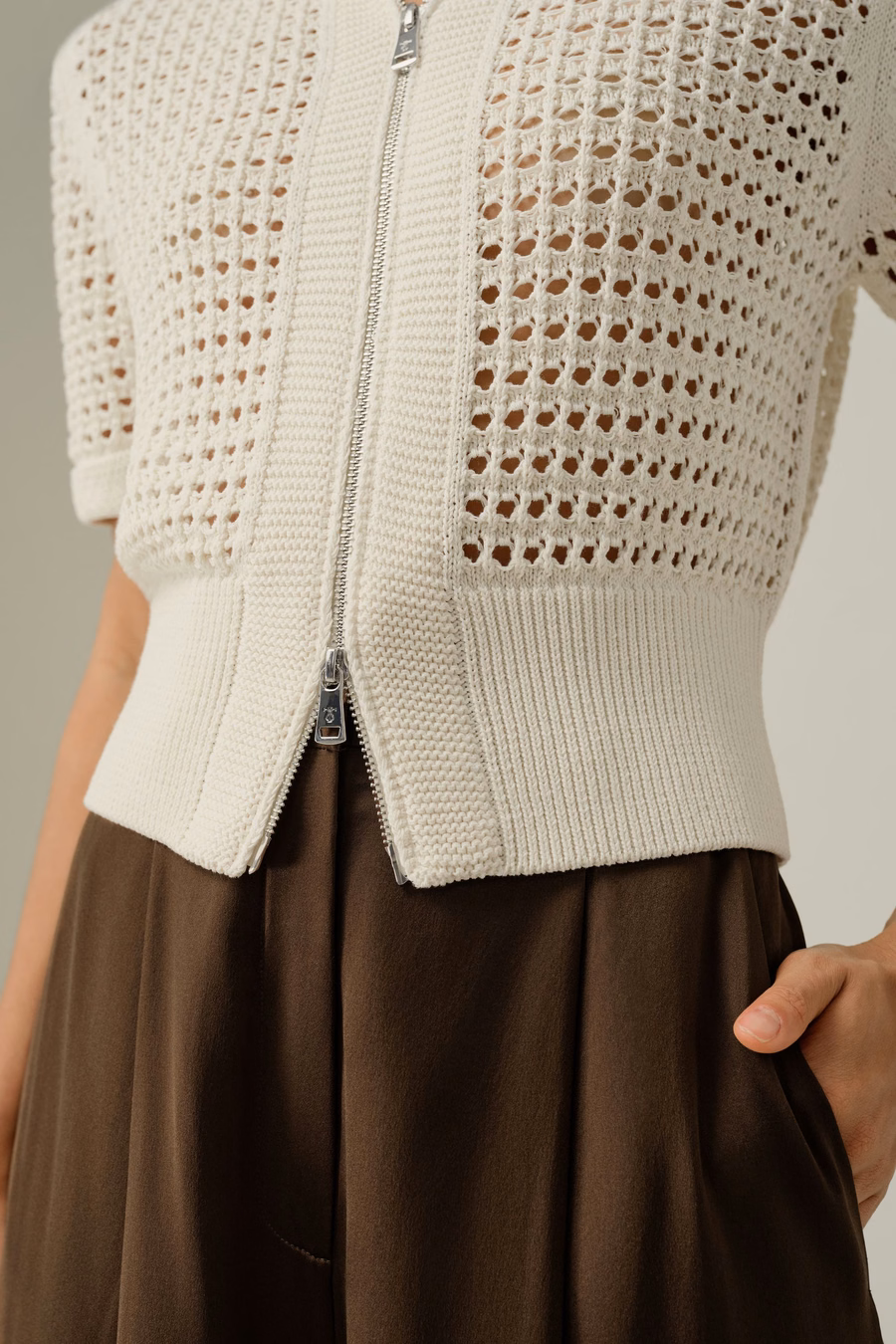 Toscana Pointelle Knit Double-Zip Cardigan