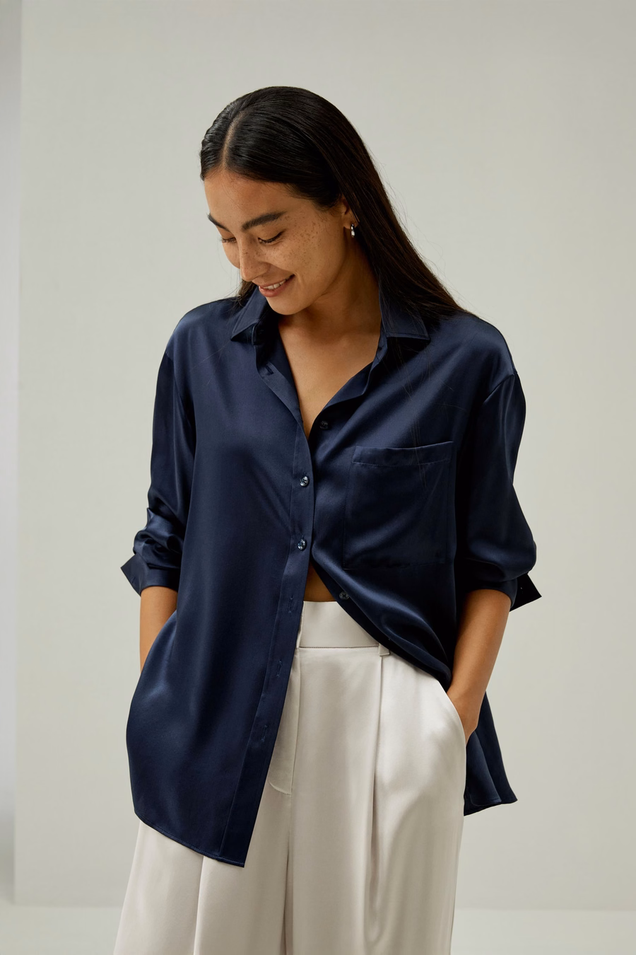 Casual Spread Collar Silk Shirt