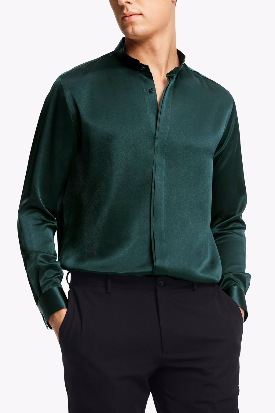 Classic Verborgen Knop Placket Zijden Mannen Shirt