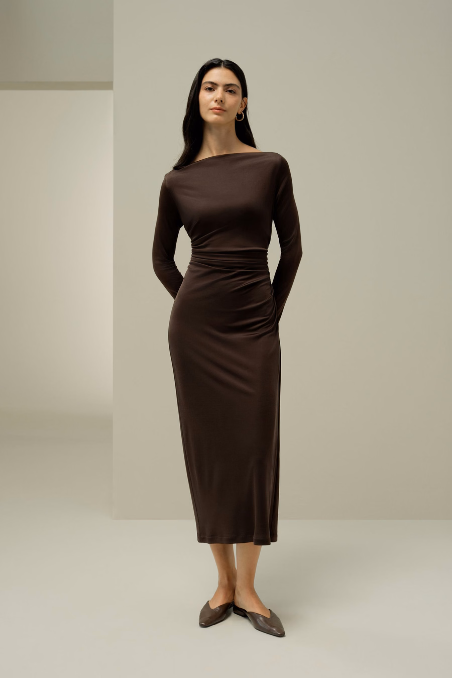 Elegante Zijden Jersey Geplooide Midi Jurk