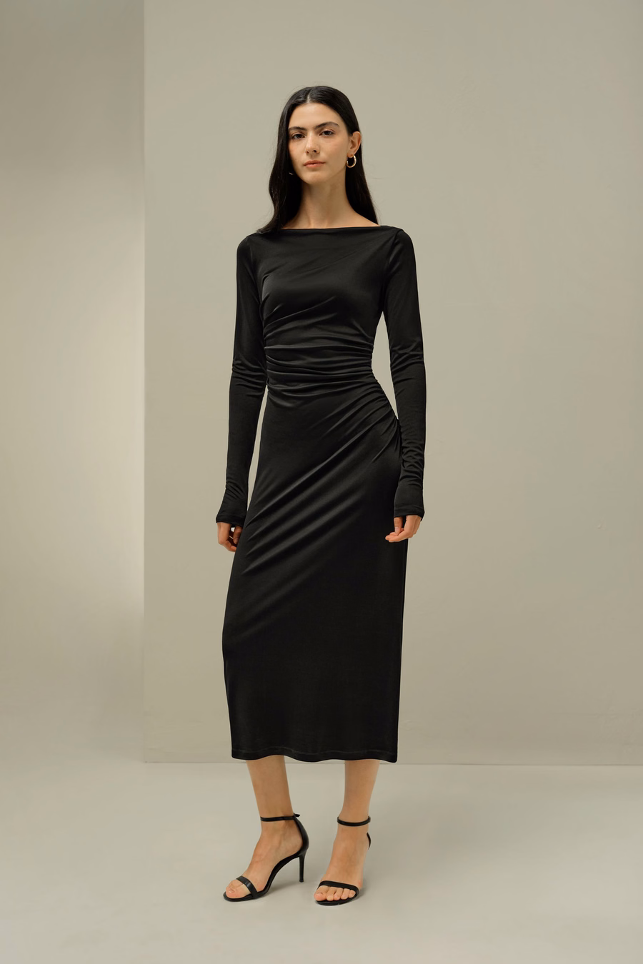 Elegante Zijden Jersey Geplooide Midi Jurk