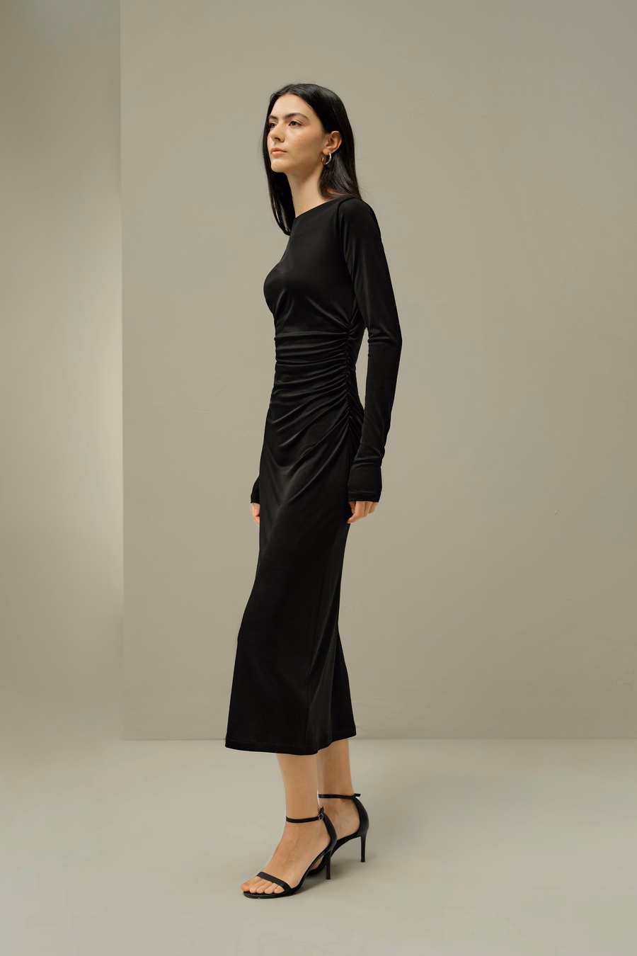 Elegante Zijden Jersey Geplooide Midi Jurk