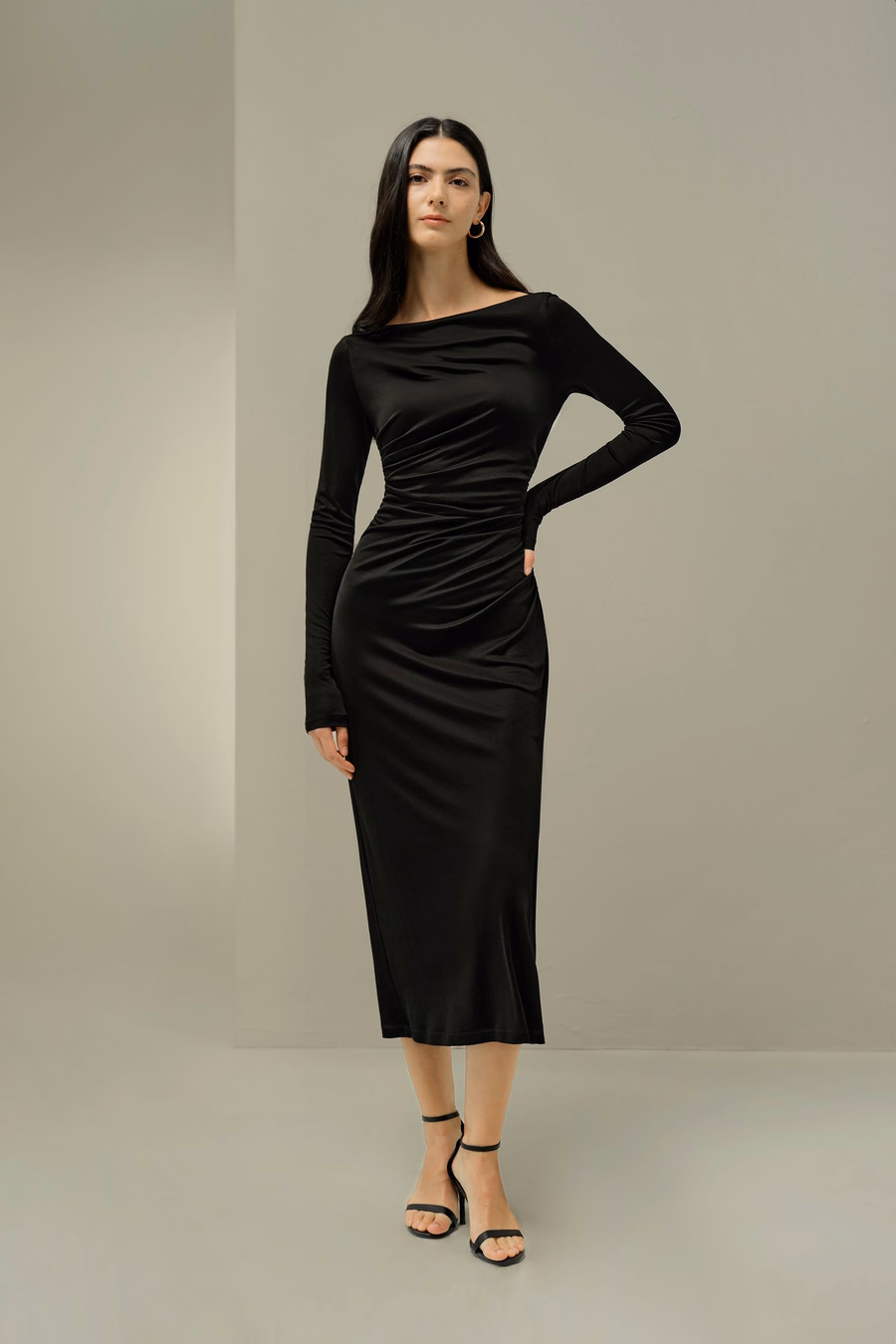 Elegante Zijden Jersey Geplooide Midi Jurk