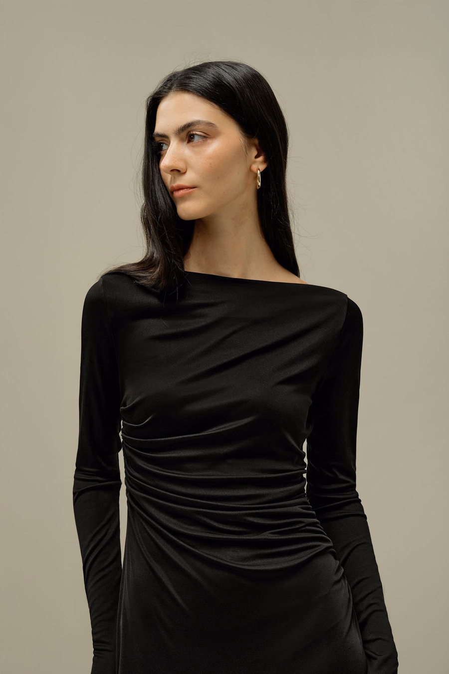 Elegante Zijden Jersey Geplooide Midi Jurk