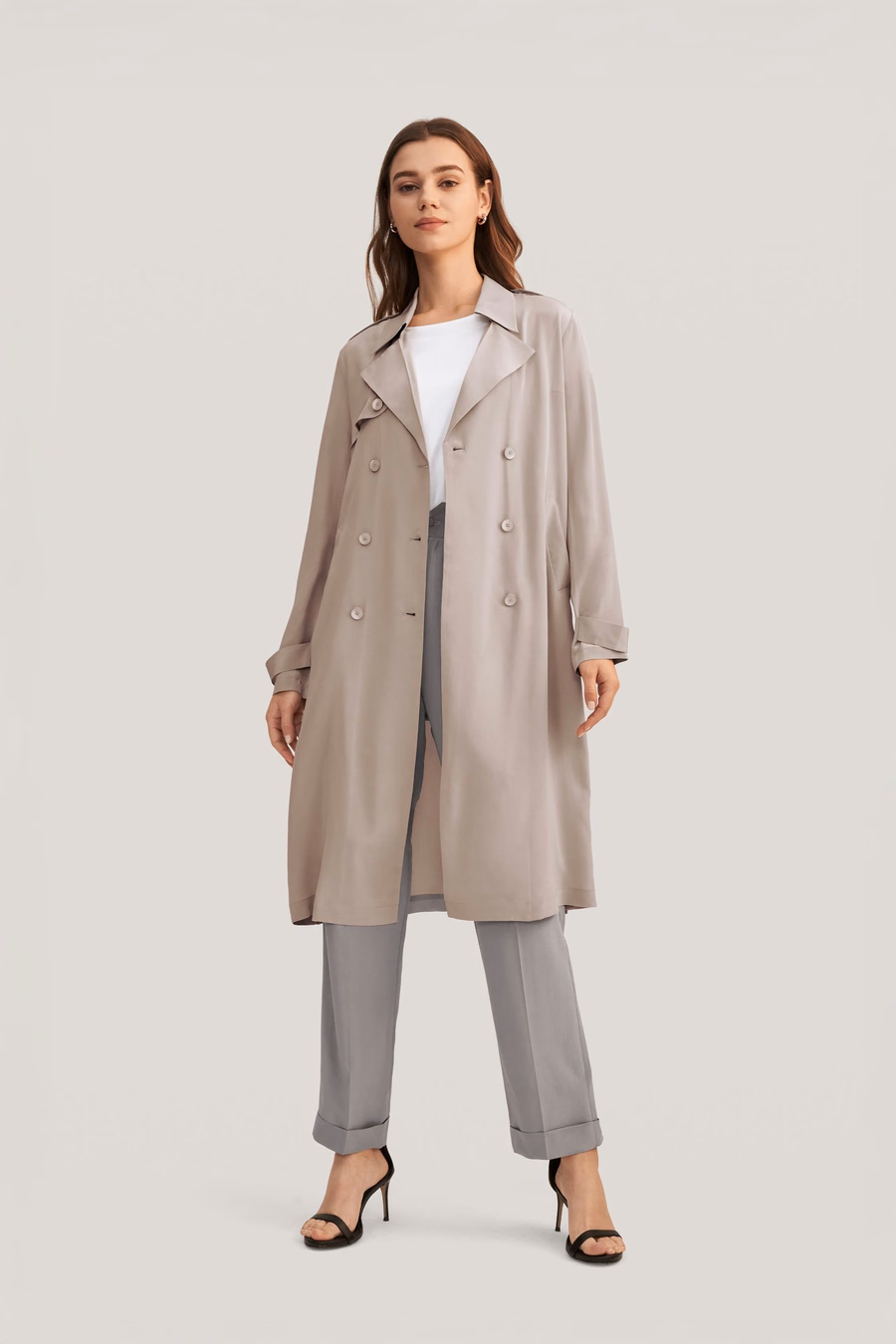 Klassieke Dubbelbreasted Zijden Trenchcoat