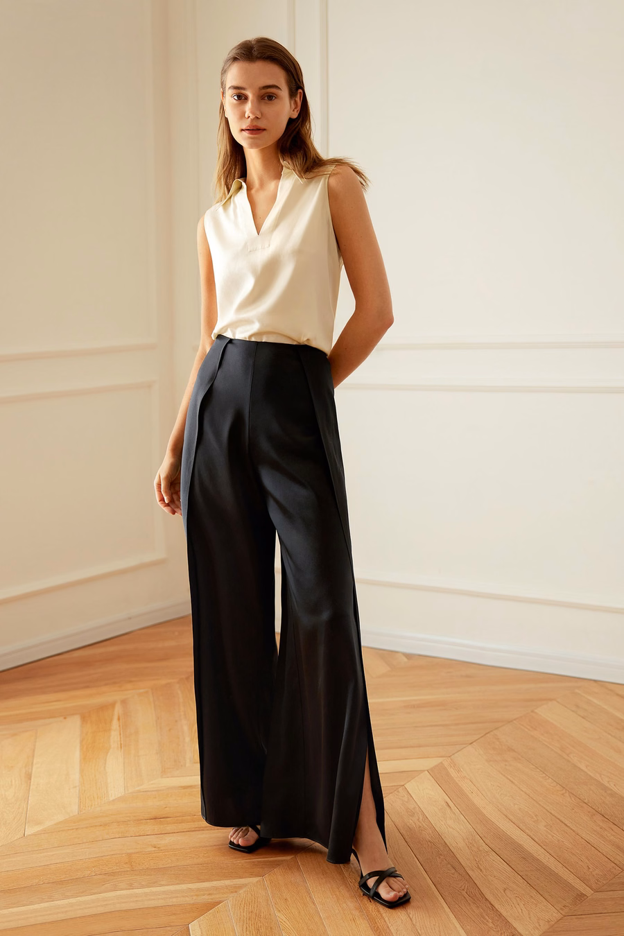 Hoog-Waisted Zijde Ginkgo Broek