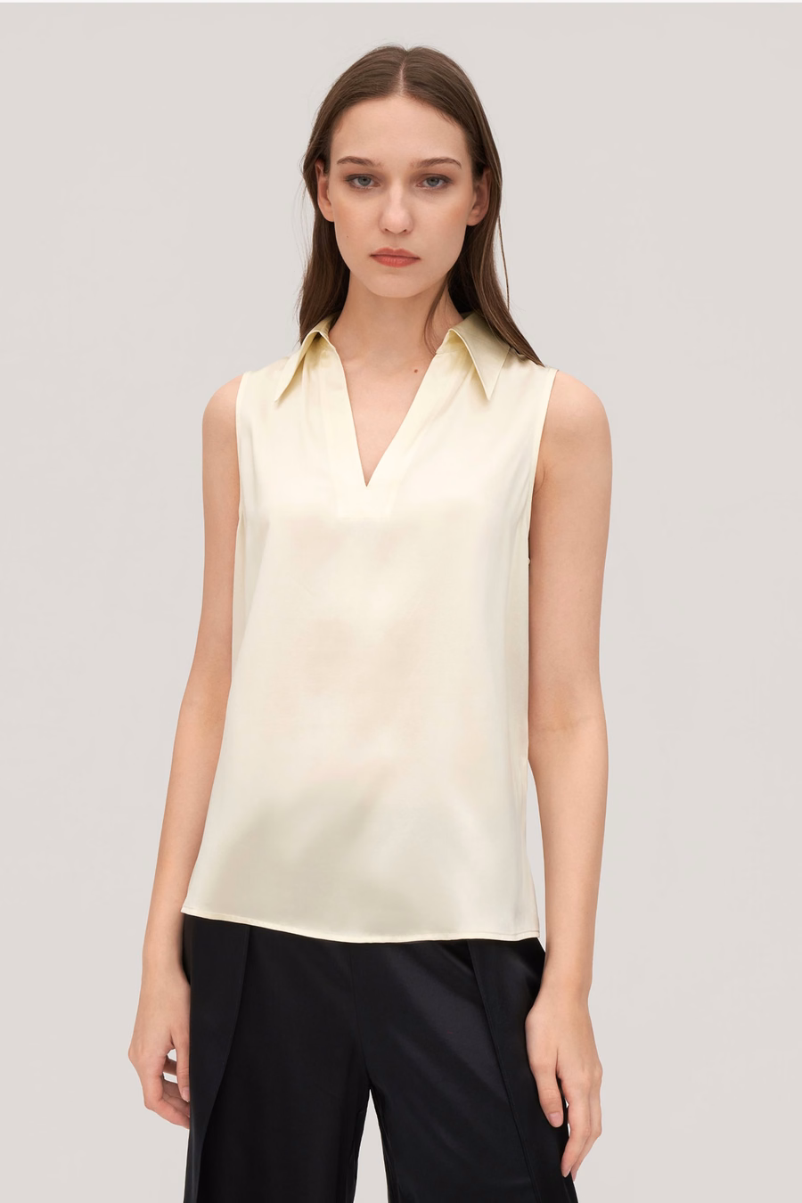 V-hals mouwloze zijden paarse blouse voor dames