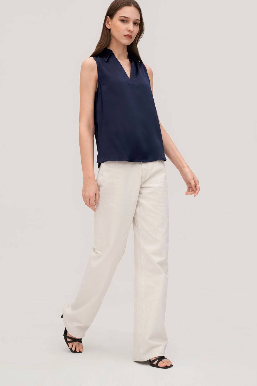 V-hals mouwloze zijden paarse blouse voor dames
