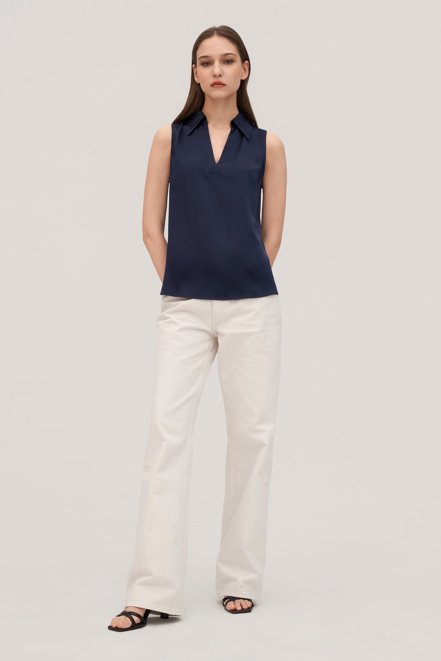V-hals mouwloze zijden paarse blouse voor dames