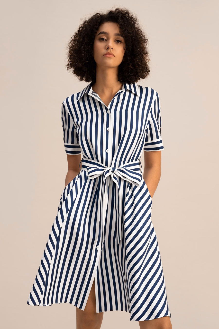 Amalfi Stripe Zijde Shirtdress met Ceintuur