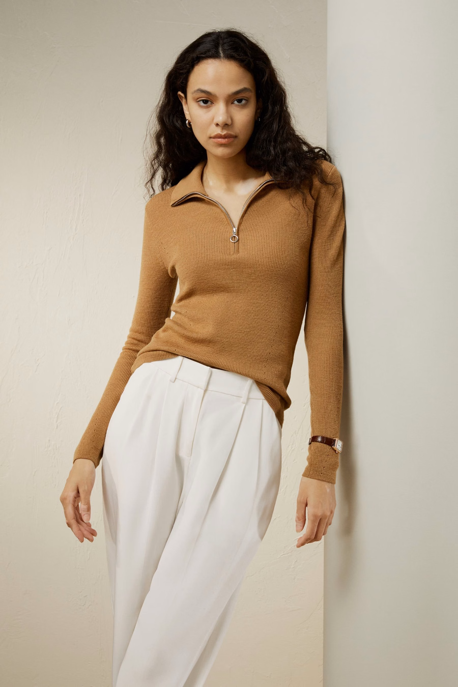 Gaia Geribde Half Zip Ultra-fijne Merino Wol Trui