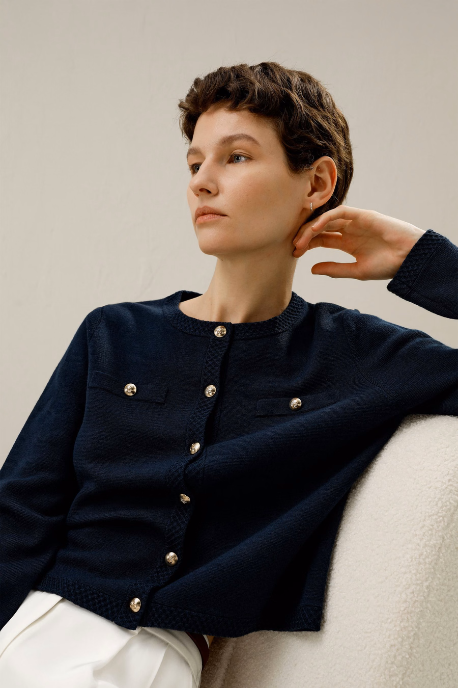 Merino Wol Gouden Knopen Cardigan