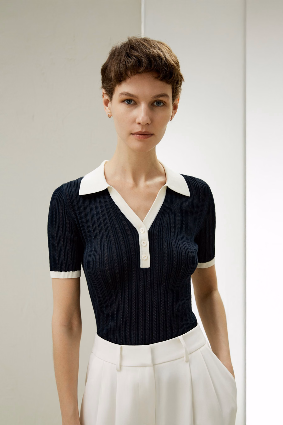 V-hals Ribbel Zijde Brei Top