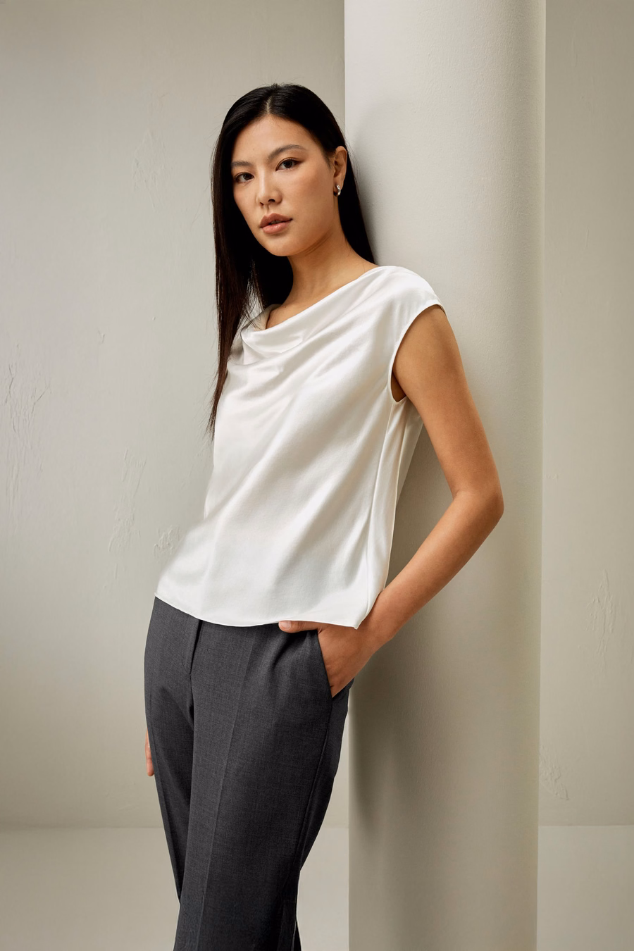 Silk Charmeuse Cowl Neck Top