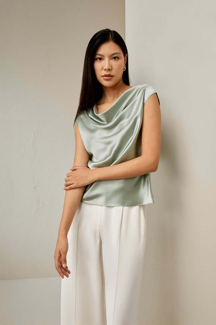 Silk Charmeuse Cowl Neck Top