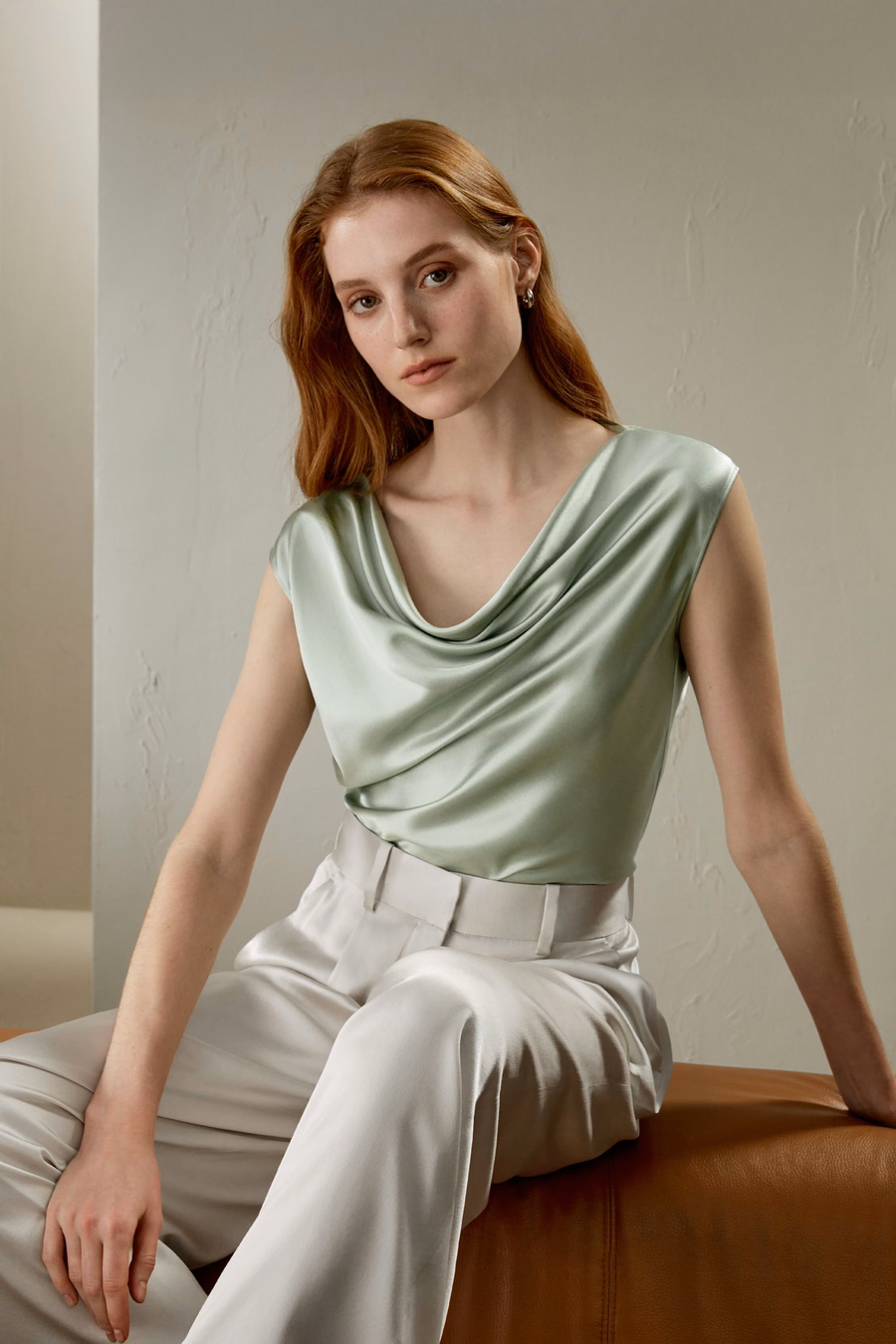 Silk Charmeuse Cowl Neck Top