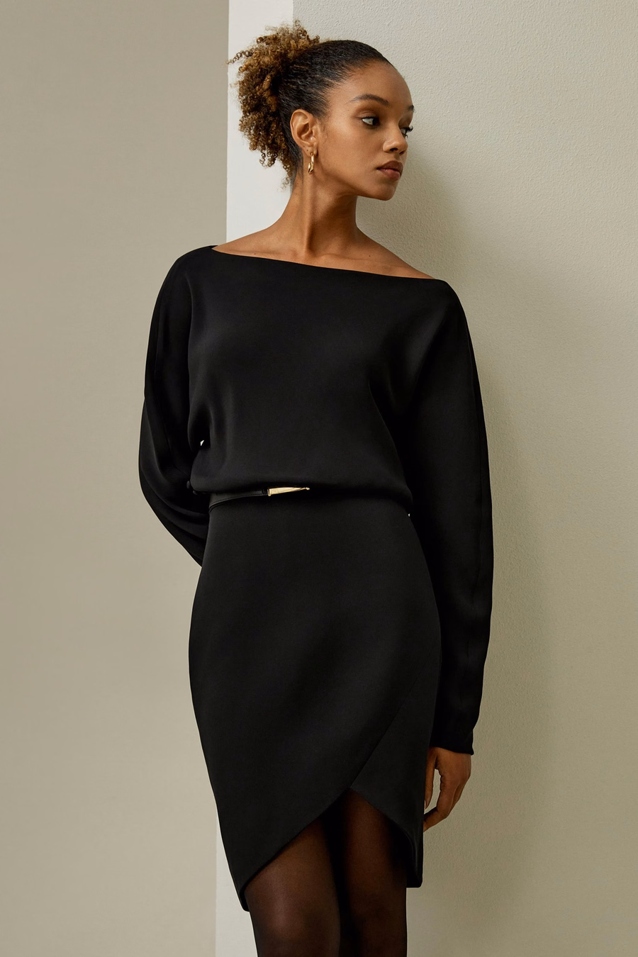 Long Sleeve Gathered Silk Mini Dress