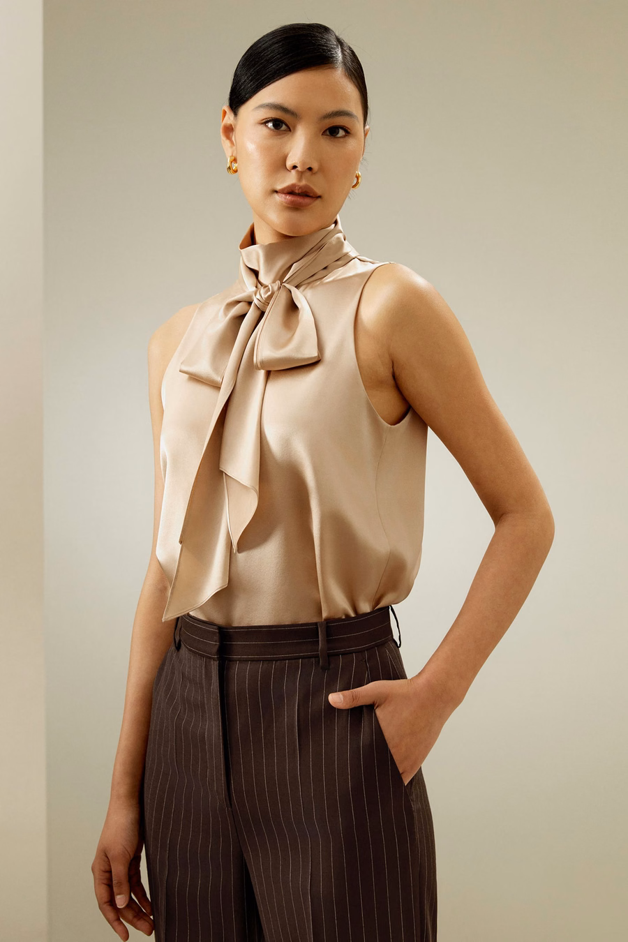 Sans mouwen Tie-Neck Zijde Blouse