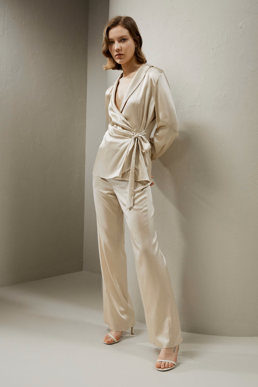 Silk Wrap Tie Waist Blazer