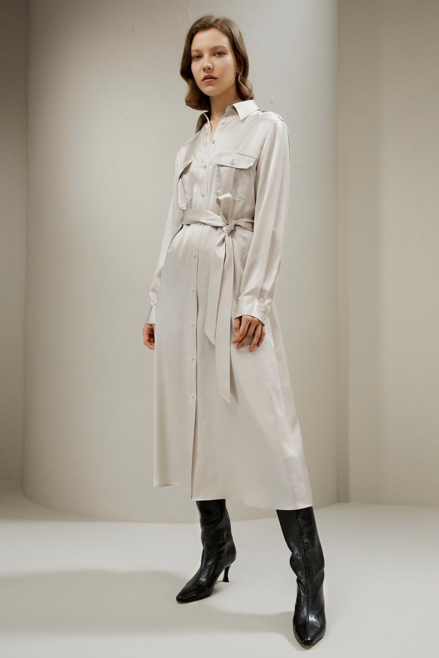 Trench-Stijl Zijde Midi Shirt Jurk