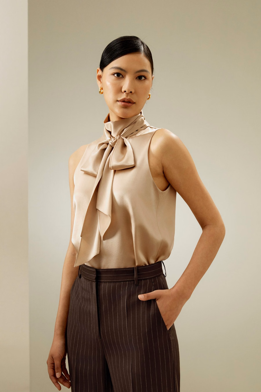 Sans mouwen Tie-Neck Zijde Blouse
