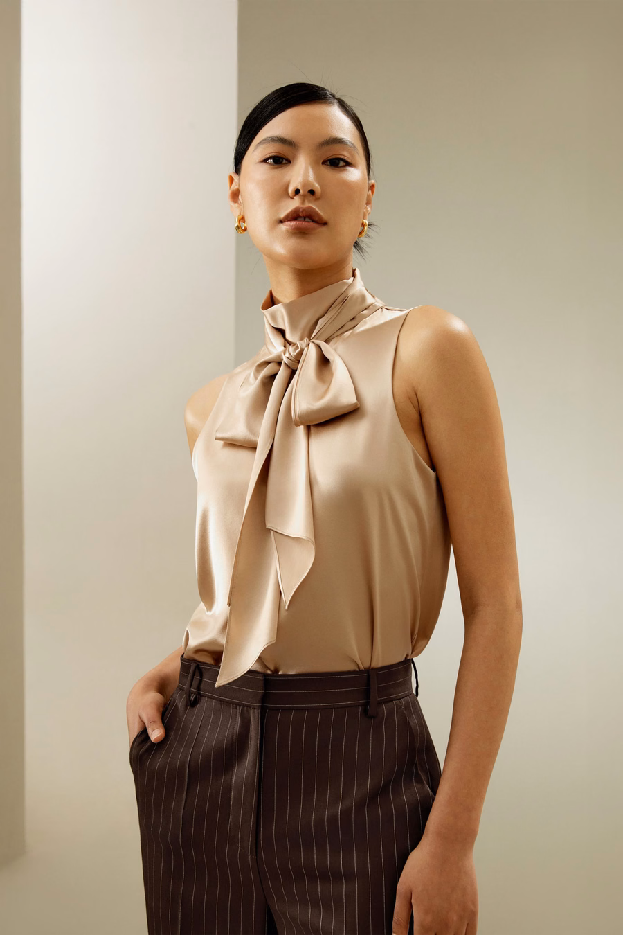 Sans mouwen Tie-Neck Zijde Blouse