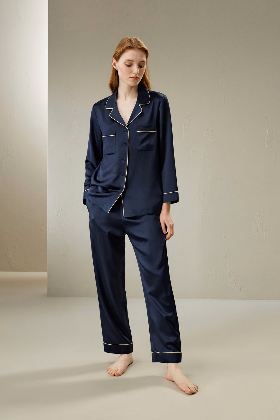 Gouden Piping Zijde Pyjama Set