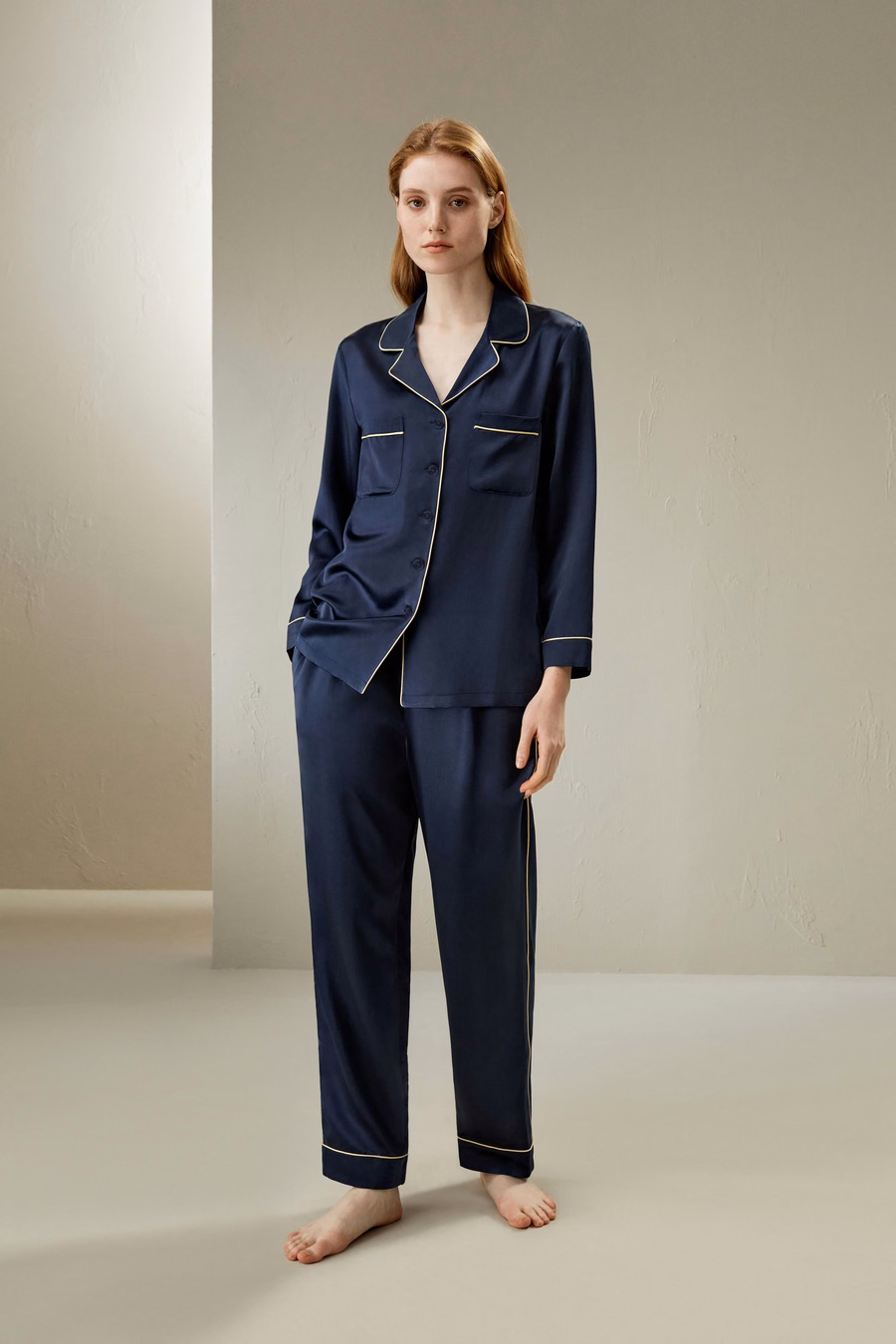 Gouden Piping Zijde Pyjama Set
