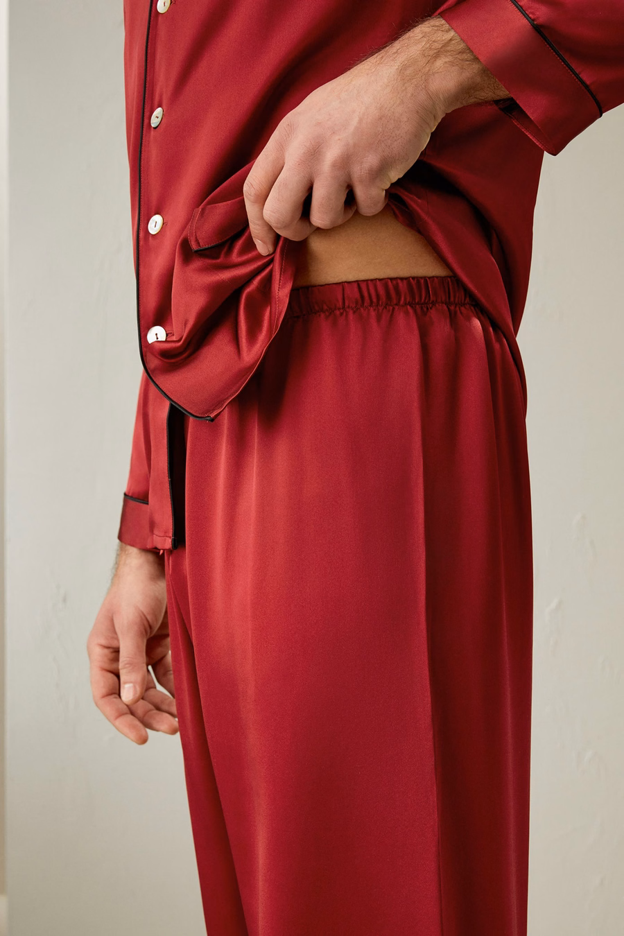 Long Silk Pajamas Set with Contrast Trim
