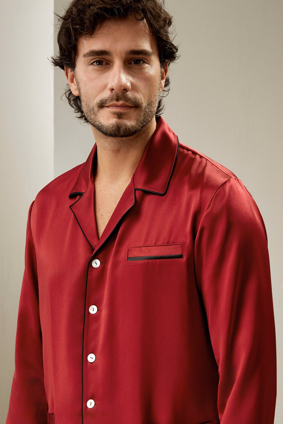 Long Silk Pajamas Set with Contrast Trim