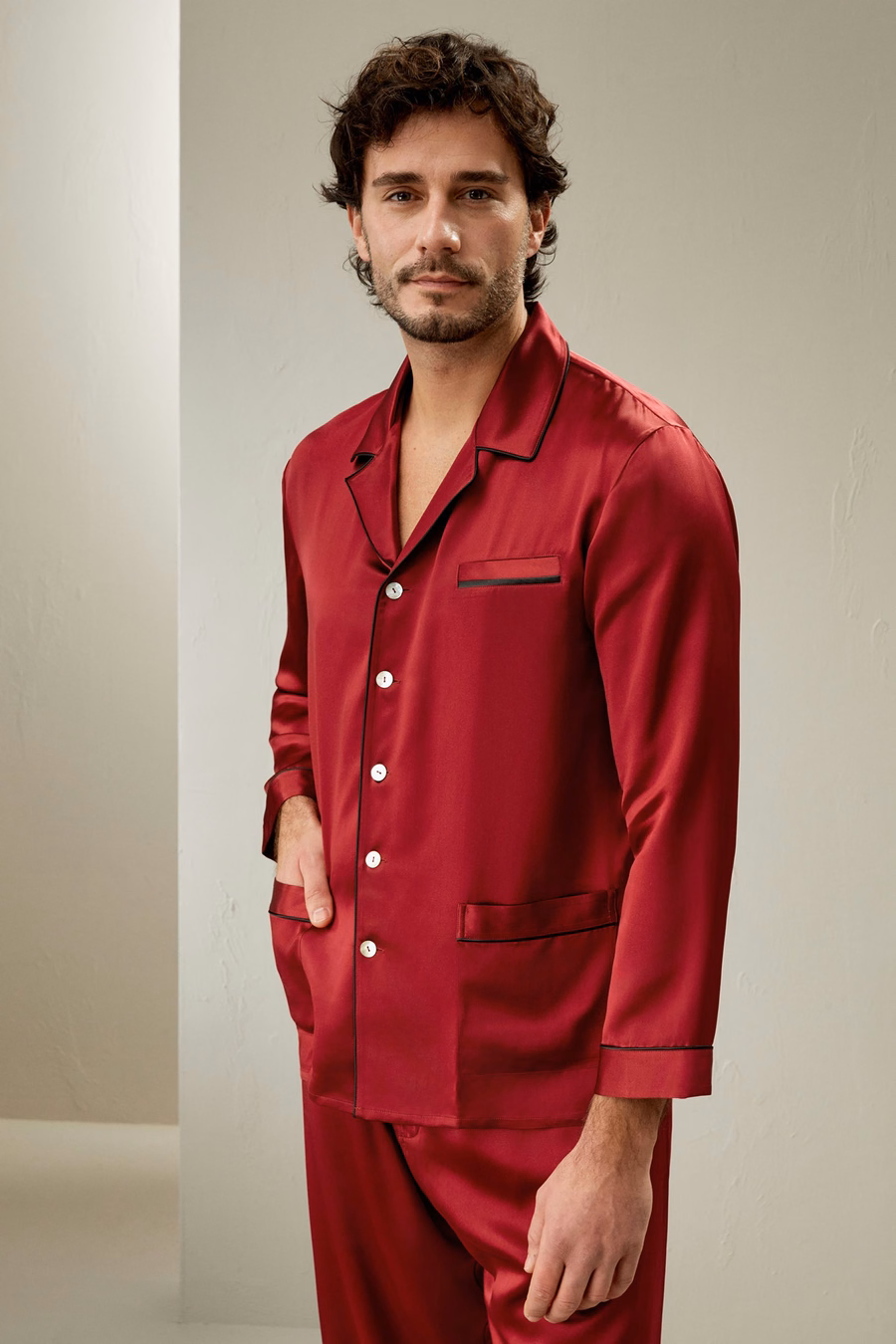 Long Silk Pajamas Set with Contrast Trim