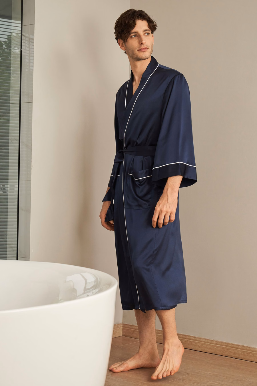 Kimono Silk Robe with Piping