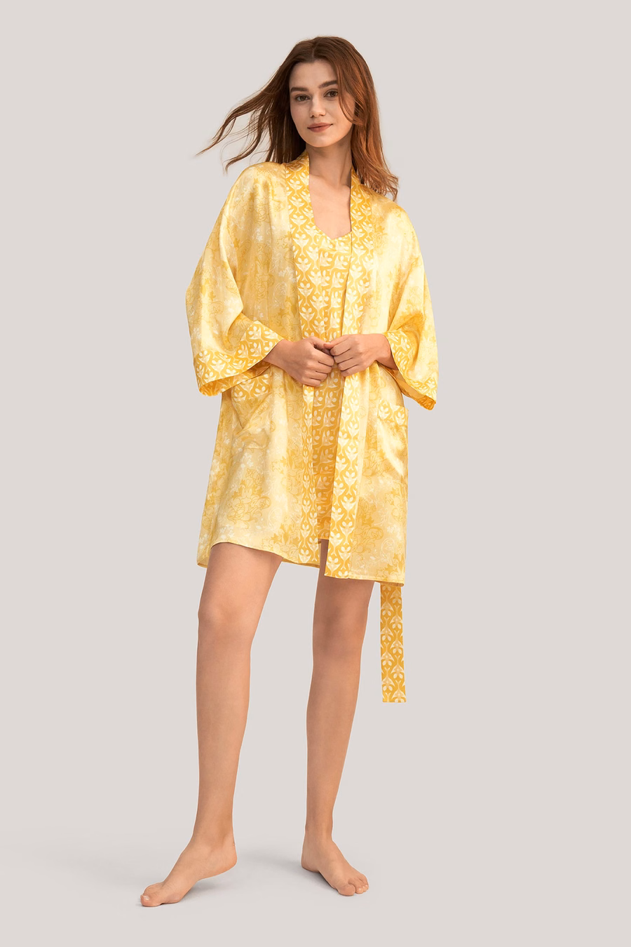 Gouden Lelie Zijde Kimono Robe