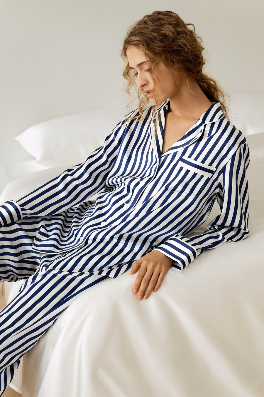 Amalfi Knopen-Up Volledige Lengte Gestreepte Pyjama Set
