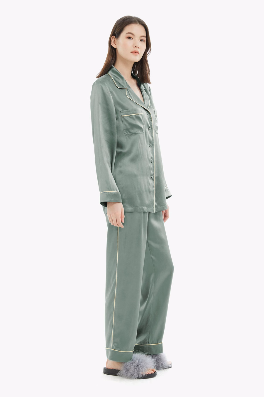 Gouden Piping Zijde Pyjama Set