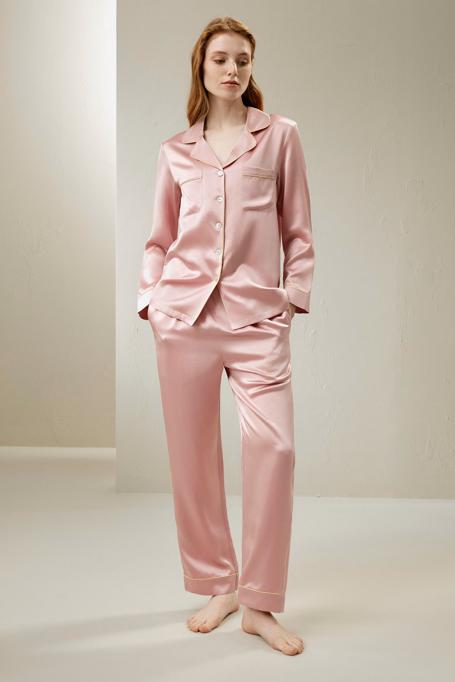 Gouden Piping Zijde Pyjama Set