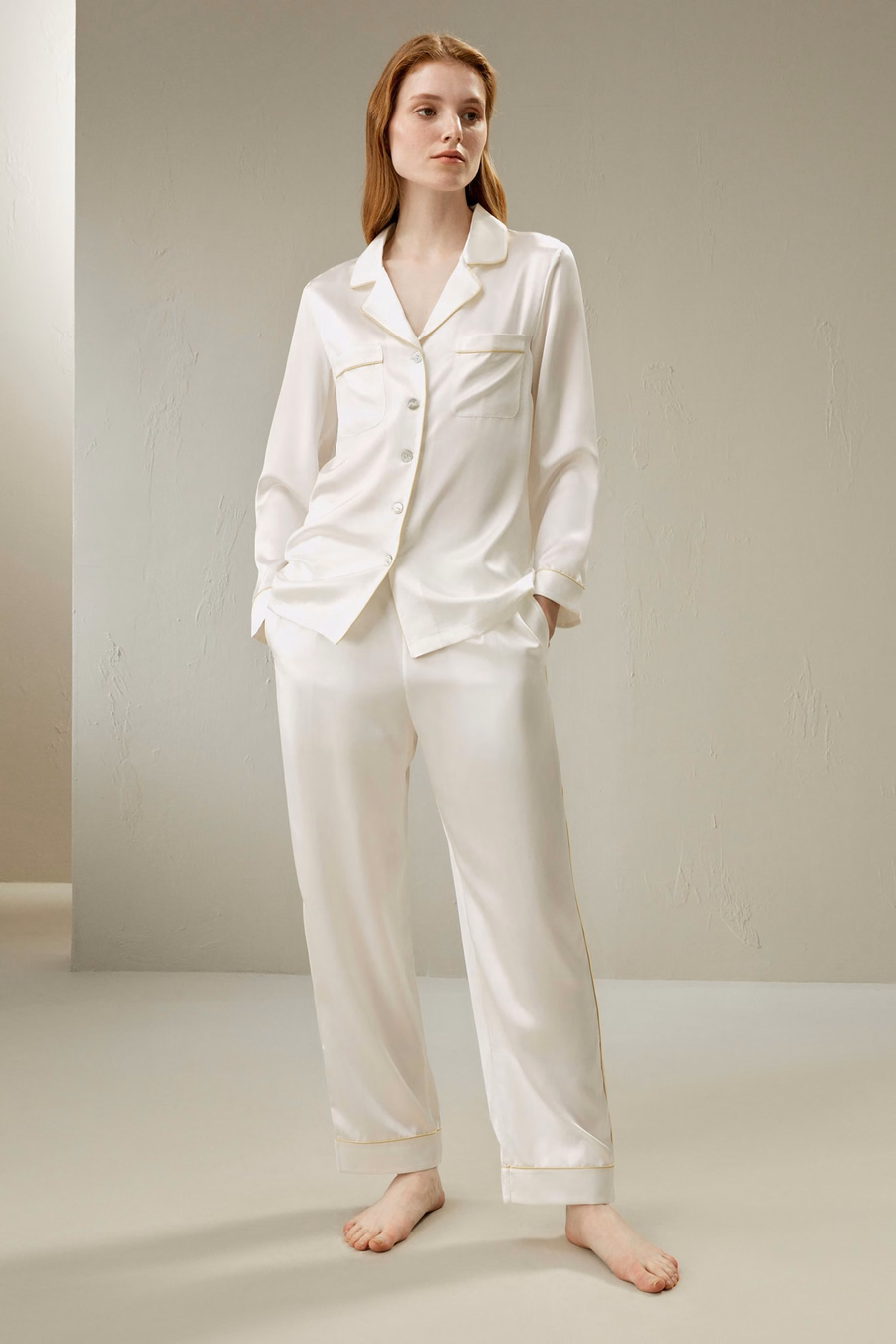 Gouden Piping Zijde Pyjama Set