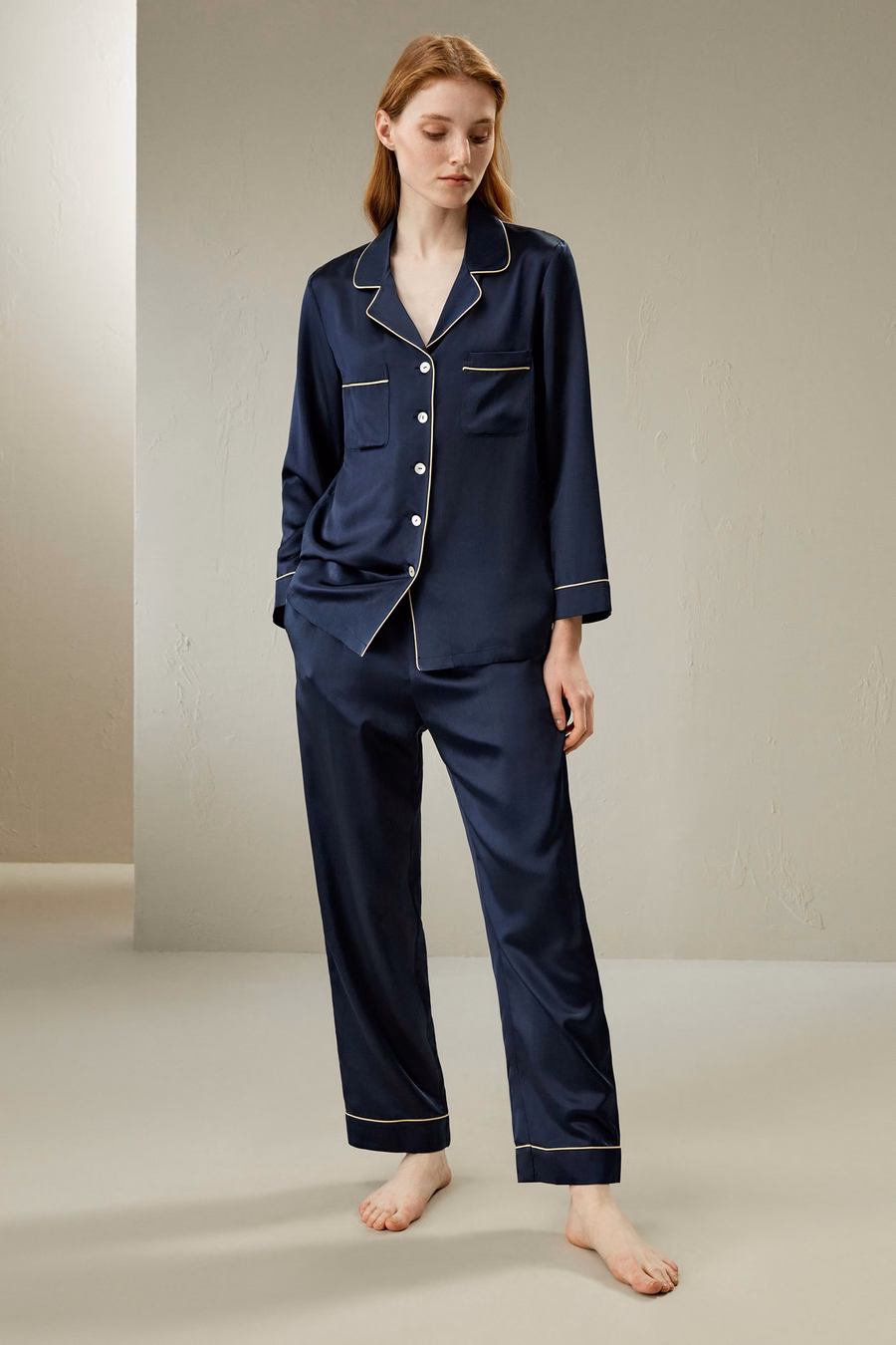 Gouden Piping Zijde Pyjama Set