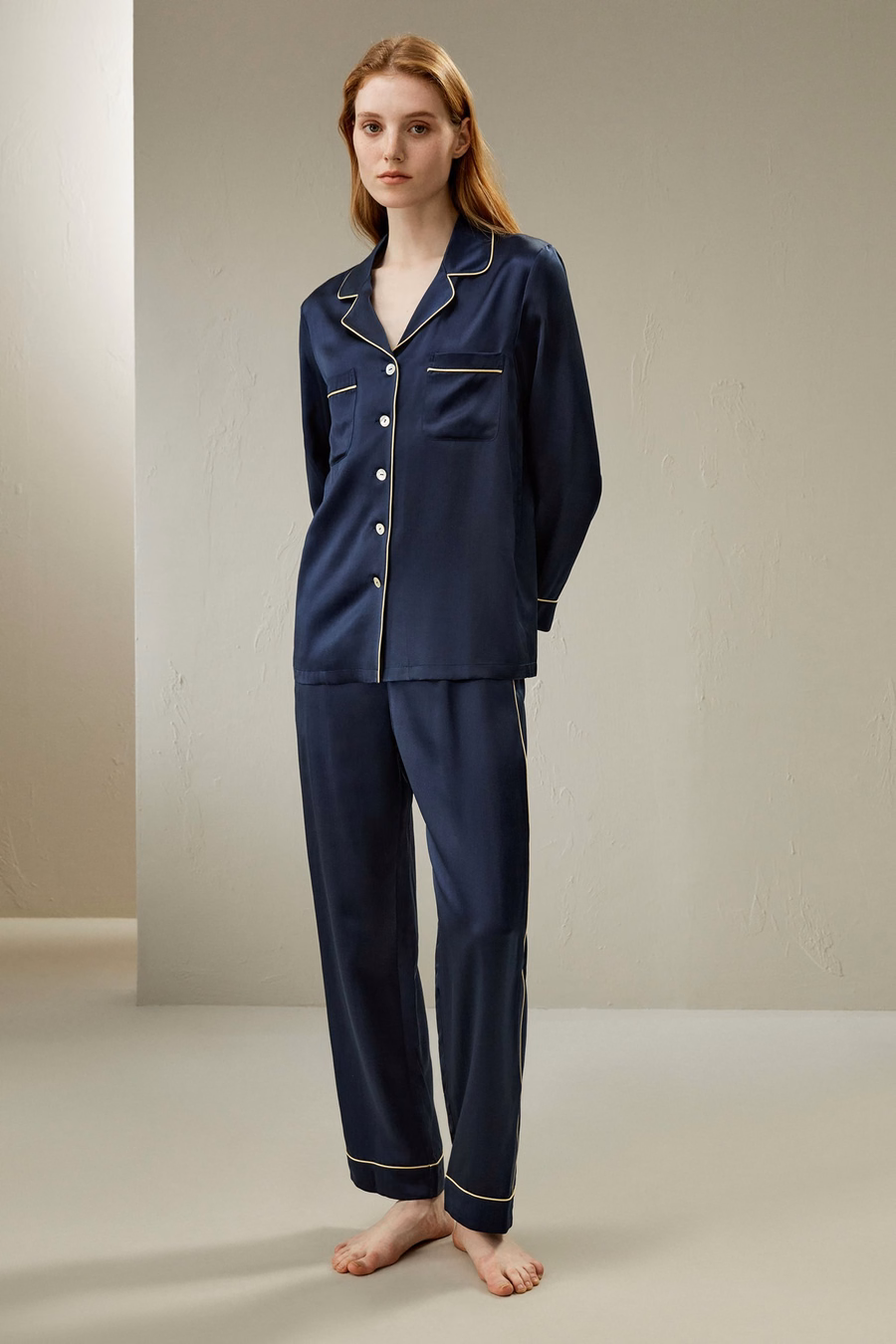 Gouden Piping Zijde Pyjama Set