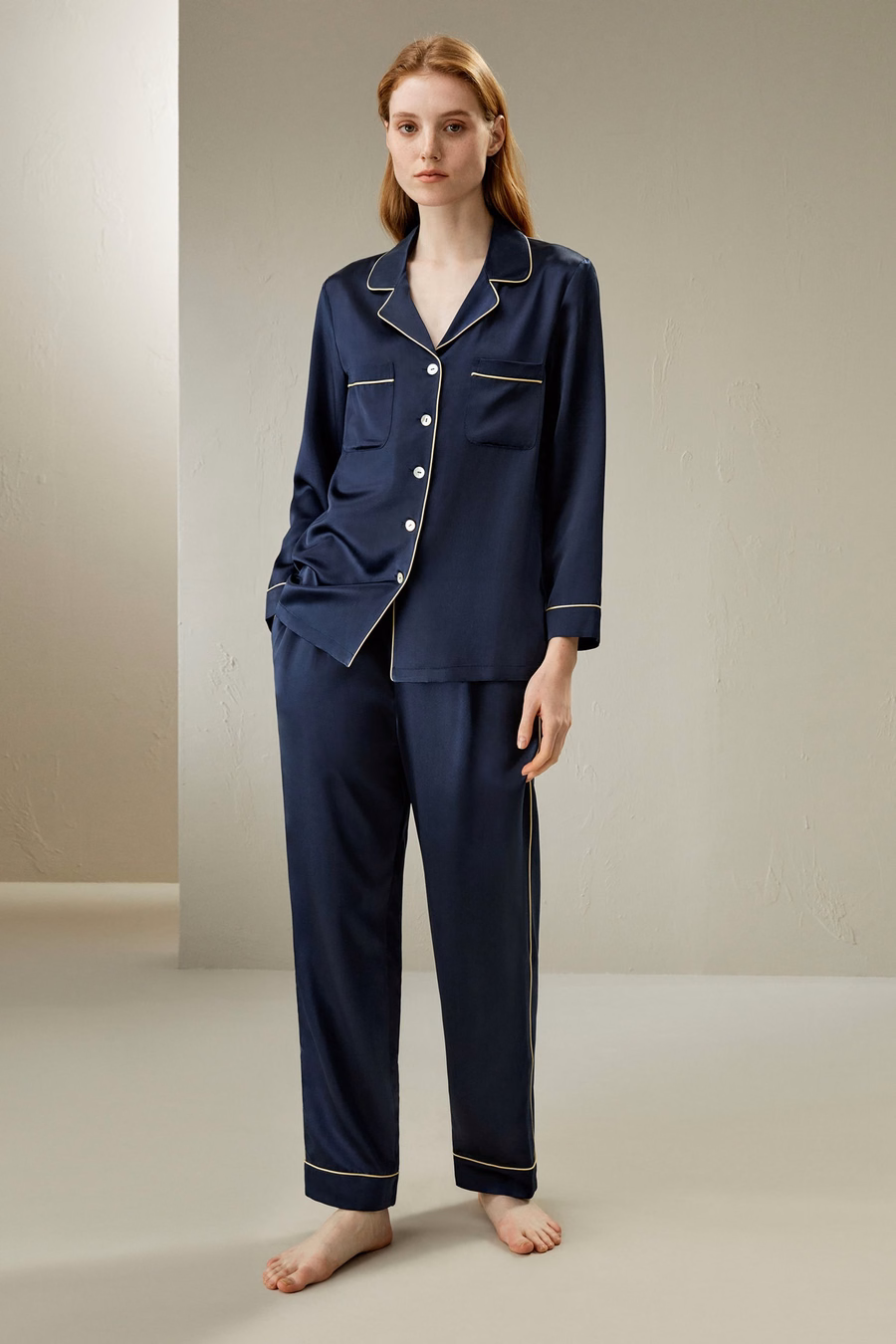 Gouden Piping Zijde Pyjama Set